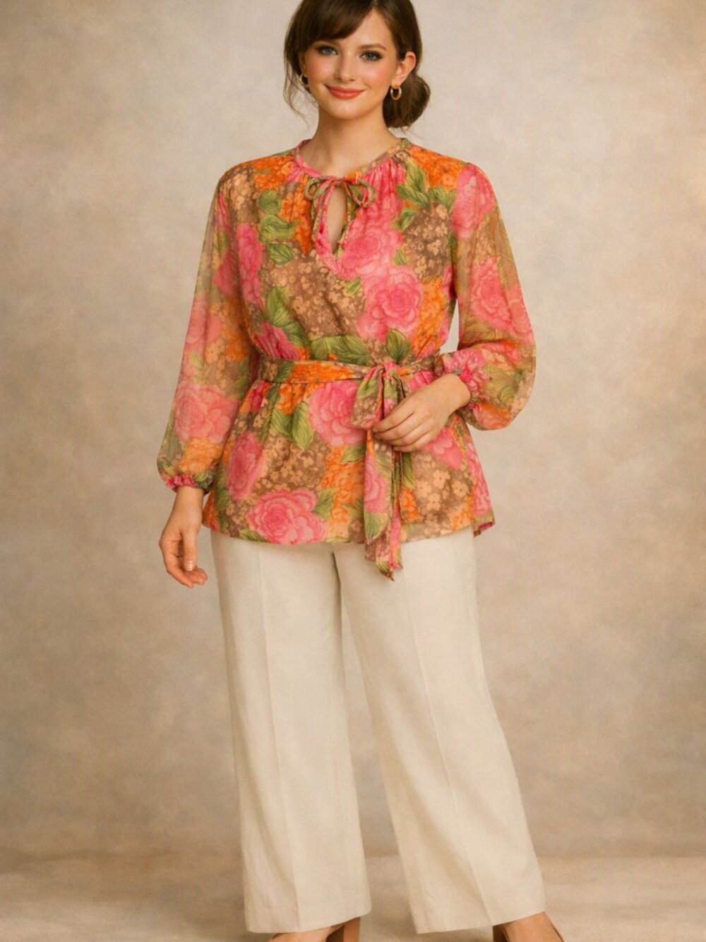 Edith Flagg 60’s Vintage Stunning Floral Women's Top Tie Neck Sheer Sleeves Med